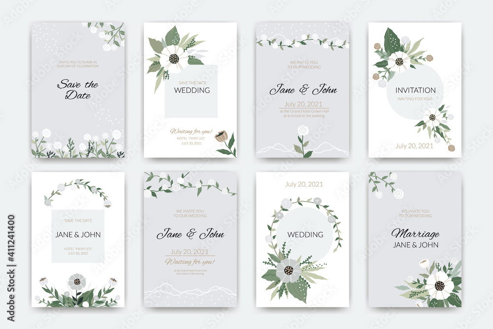 Wedding cards. Invitations to the marriage ceremony. Collection of postcards with names or holiday date and decorative elements. Hand drawn floral frames and borders. Vector inviting guests to party