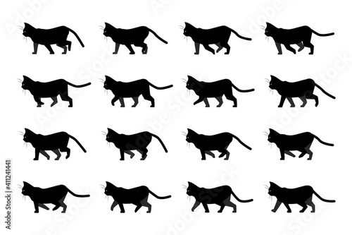 Fototapeta Naklejka Na Ścianę i Meble -  Cat walk animation. Domestic animal silhouette. Walking black kitten with yellow eyes. Side view of moving pet. Isolated sprite of cartoon kitty, animation sequence of steps. Vector character motion