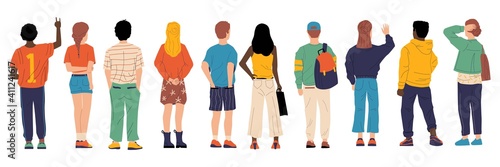 People from behind. Man and woman person's back, young cartoon characters standing together, crowd male and female from back side with bags vector group of boy and girl backside flat isolated set