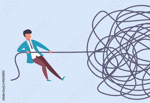 Businessman pulls rope. Complex problem solving concept. Rationally find start at challenge analysis. Complicated situation. Cartoon man yanking on end of tangled cable. Vector metaphor illustration