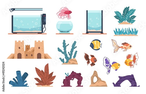 Aquarium elements. Cartoon full of water glass tank for fish and underwater plants, stones and seaweeds. Decoration aquaria kit with undersea castle, cute goldfish or algae. Vector set for pet owner