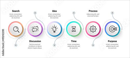 Flow infographic. Step timeline diagram, workflow process scheme. Colorful flowchart sequence template for presentation, information visualization element. Business strategy, vector effective planning