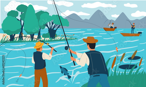 Fishing. People fish with rods from shore or on boat. Cartoon scene with happy fishermen on lake. Outdoor recreational activity and holiday leisure. Males hobby. Vector summer vacation illustration