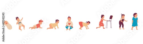 Baby girl. Cute little kid growing up process, stages of human development from newborn to walking child. Cartoon toddler learning skills. Life periods, childhood timeline. Vector infant activity set