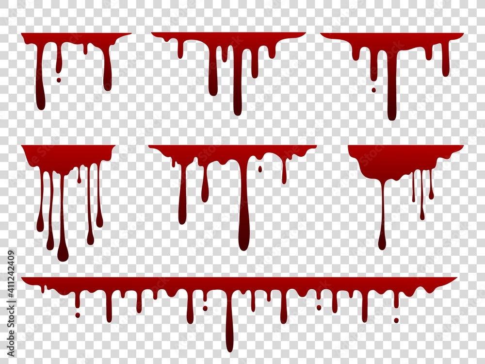 Red dripping stain. Liquid paint splash. Spooky flowing blood set. Scary current inky templates on transparent background. Creepy oozing drops. Vector horizontal wavy borders with falling droplets