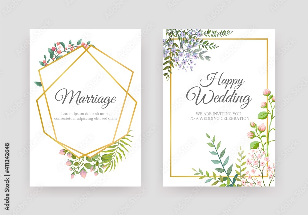 Wedding floral posters. Elegant invitation cards. Golden geometric frames and decorative natural elements. Greeting postcards with copy space and calligraphy lettering font, vector marriage banner set