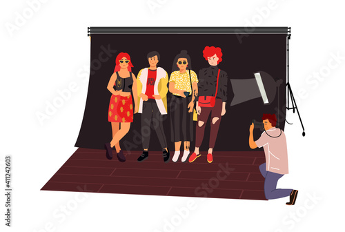 Photographers shoot fashion models. Photography studio concept. Trendy cute women posing, man taking pictures with professional camera. Make photos of celebrities for magazine, vector cartoon scene