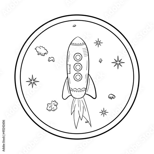 Rocket, stars and asteroids from the porthole. Space object in the style of the doodles.Vector illustration isolated on a white background.