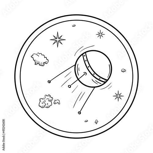 A satellite in the universe. Space object in the style of the doodles.Vector illustration isolated on a white background.