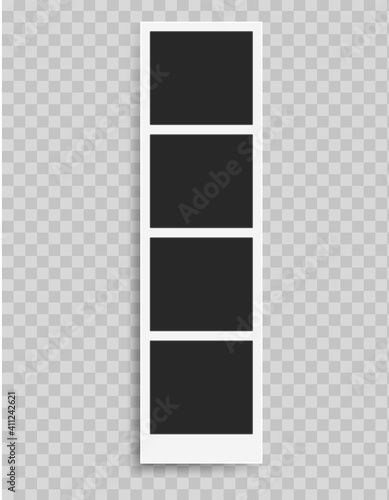 Photo booth pictures. Retro photo vertical frame 3D template. Square blank picture, realistic empty photography card with shadow and copy space. Vector illustration isolated on transparent background