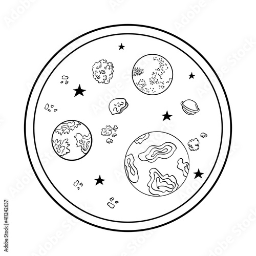 View from the porthole to the planets and stars. Space objects in the style of the doodles.Vector illustration isolated on a white background.