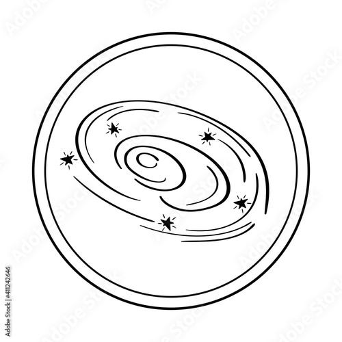 View from the porthole to the starry sky.  Heliocentric system in the style of doodles.Vector illustration isolated on a white background.