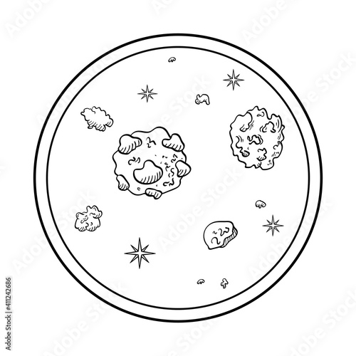 View from the porthole of meteorites and stars. Space objects in the style of the doodles. Vector illustration isolated on a white background.