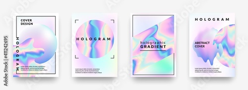 Holographic posters. Gradient minimal iridescent foil graphic mesh, neon purple and pink 90s trendy effect. Vector abstract hologram cover collection, pearlescent horizontal minimal background set