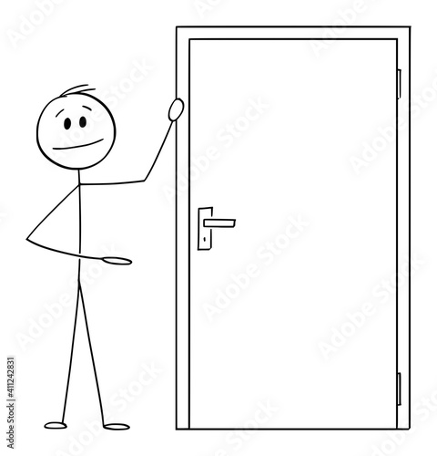 Man or businessman showing exit or entrance door , vector cartoon stick figure or character illustration.