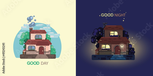 At home day and night. Flat Illustration.