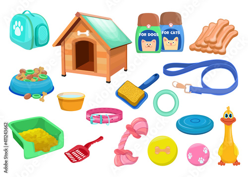 Trendy various accessories for cats and dogs flat set for web design. Cartoon pet toys, food bowls, collar and brush isolated vector illustration collection. Pet shop and domestic animals concept