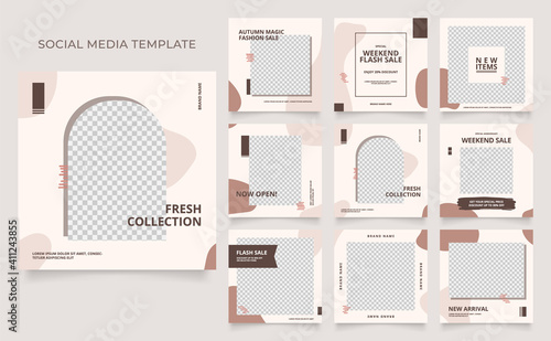 social media template banner blog fashion sale promotion. fully editable instagram and facebook square post frame puzzle organic sale poster. white brown vector background