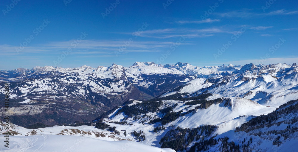 Panorama picture with the view from the Fronalpstock near Stoos in Switzerland	