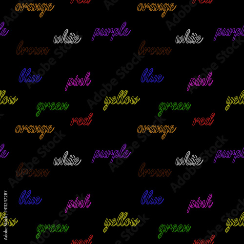 Colored words on a black background.