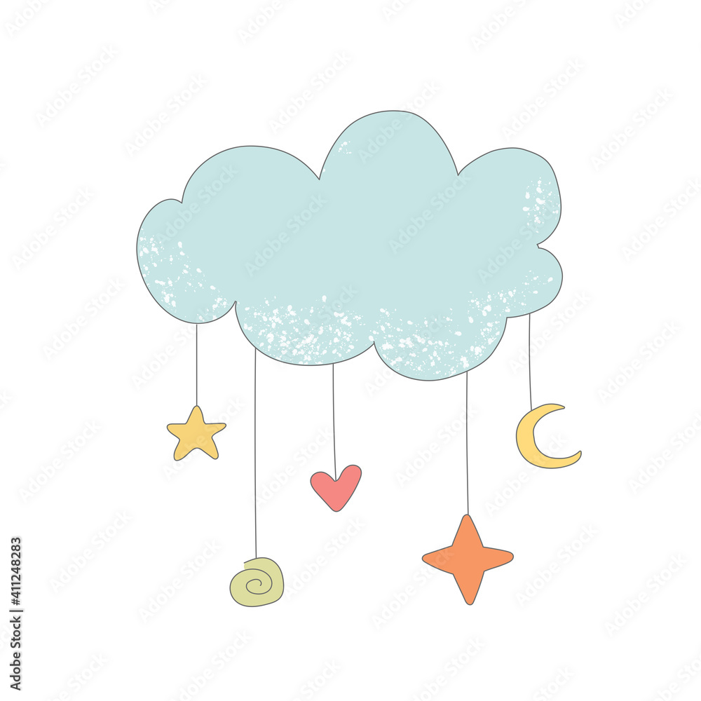 Abstract cute cartoon rainy cloud. Vector illustration of blue cloud with colorful rain of heart, stars, moon. Illustration for babies, kids Abstract cute cartoon rainy cloud. Vector illustration of blue cloud with colorful rain of heart, stars, moon. Illustration for babies, kids