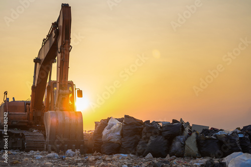 Makro vehicles waiting for landfill land with plastic waste Environmental problems, waste pollution Or household waste photo