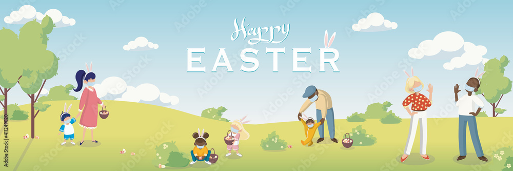 Easter poster and banner template with people, children, wearing masks. Egg hunt with social distance in a pandemic. Congratulations and gifts for Easter Day in flat lay style. Easter promotion and sh Easter poster and banner template with people, children, wearing masks. Egg hunt with social distance in a pandemic. Congratulations and gifts for Easter Day in flat lay style. Easter promotion and sh