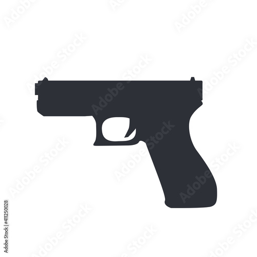 Pistol gun weapon vector illustration black crime handgun. War pistol trigger icon bullet. Isolated danger military army firearm ammunition silhouette symbol. Police arm hand element caliber drawing