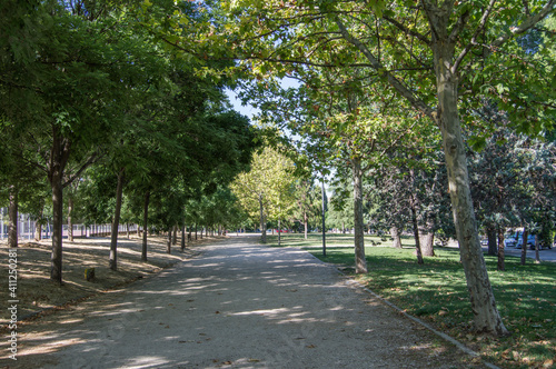 path road with trees in a park in Madrid. Spain © claverinza