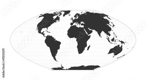 Map of The World. McBryde-Thomas flat-polar parabolic pseudocylindrical equal-area projection. Globe with latitude and longitude net. World map on meridians and parallels background.
