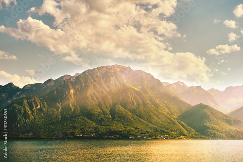 Beautiful alpine mountain in sunset light, lake Geneva, Switzerland