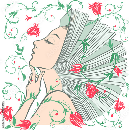Vector illustration of philosophy, symbol of life, female psychology. A woman is like an open book. The concept of mental health, psychoanalysis and psychotherapy.