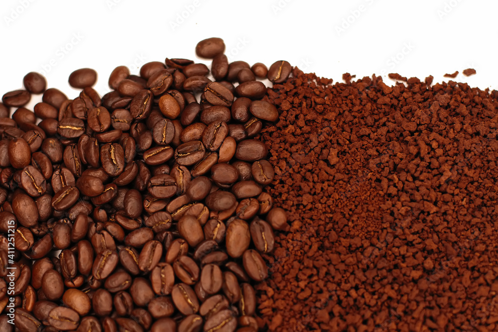 Naklejka premium agriculture, arabic, aroma, aromatic, backdrop, background, bean, beverage, black, brazil, breakfast, brown, cafe, caffeine, cappuccino, close, close-up, closeup, coffee bean, coffee cup, coffee powde