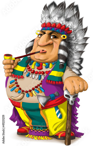 Illustration of a funny Indian tribal leader in a bright colorful national costume of North America