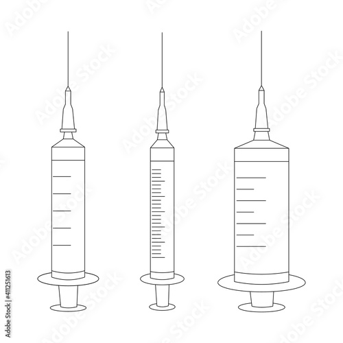 Set of empty medical syringes with a needle, line art. Stock vector illustration isolated on white background. Can be used as stickers, as icons. Vaccination and injection concept.