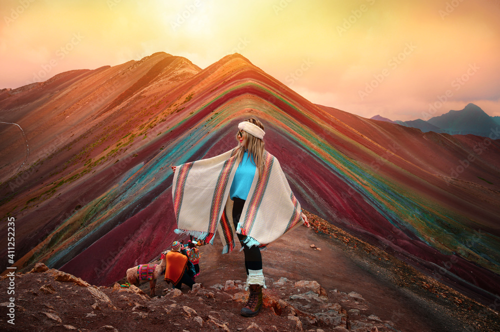 Full Length Of Woman Standing On Multi Colored Mountain During Sunset - obrazy, fototapety, plakaty 