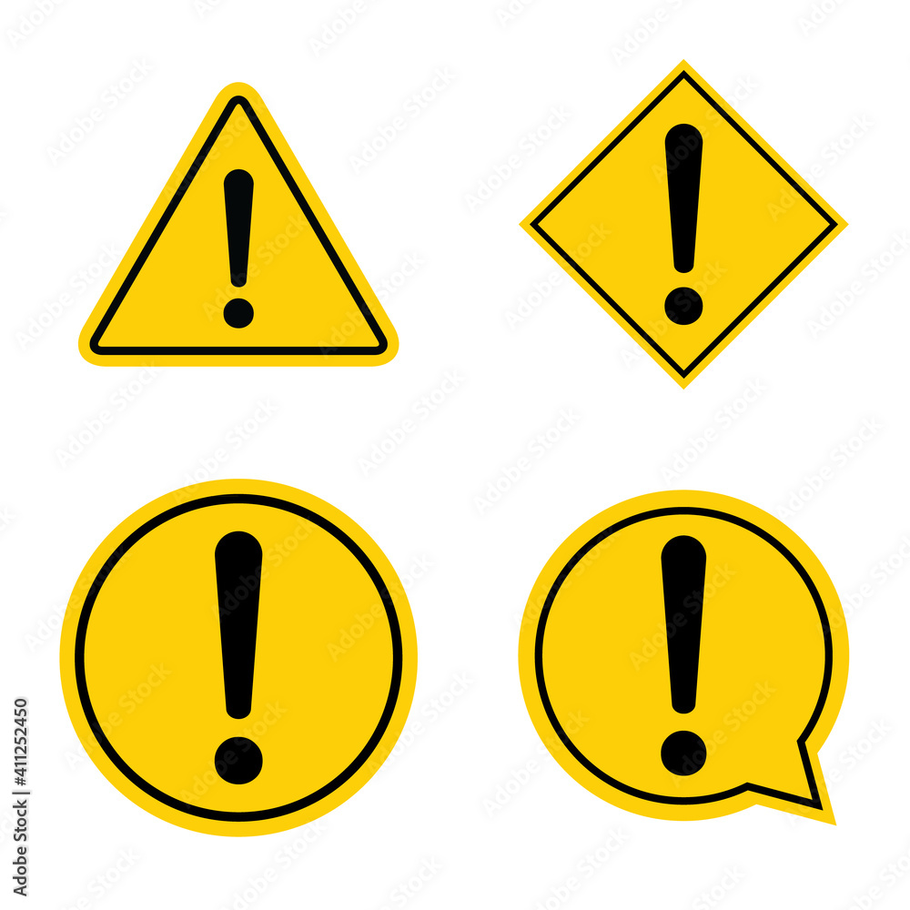 Set of hazard warning, warn symbol vector icon flat sign symbol with exclamation mark isolated on white background Set of hazard warning, warn symbol vector icon flat sign symbol with exclamation mark isolated on white background