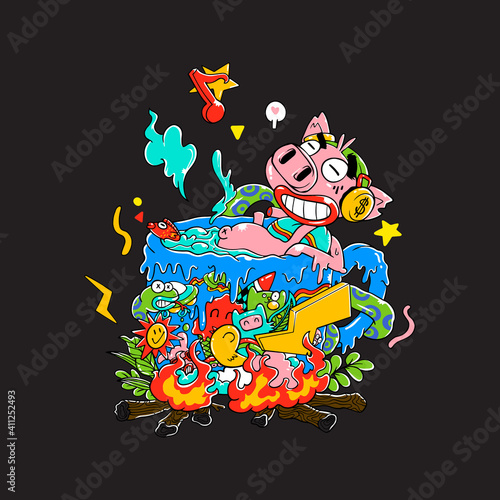 Hand Drawn Colorful Doodle-The Bathing Pig