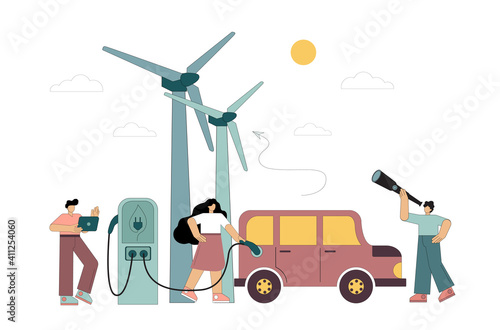 Refueling an electric car. Renewable energy use. Windmills. Vector illustration