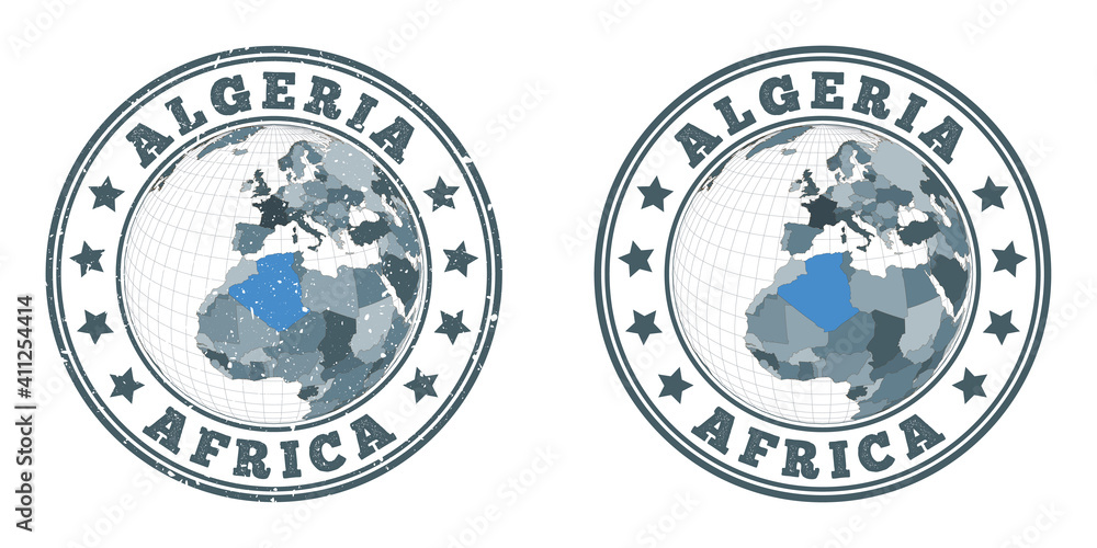 Algeria round logos. Circular badges of country with map of Algeria in world context. Plain and textured country stamps. Vector illustration. Algeria round logos. Circular badges of country with map of Algeria in world context. Plain and textured country stamps. Vector illustration.