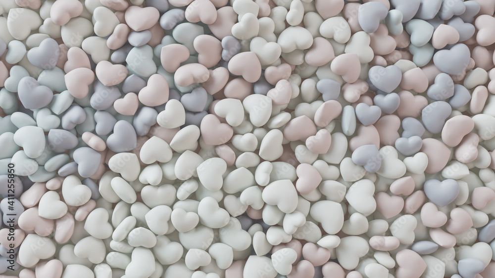 Multicolored Heart background. Valentine Wallpaper with Pink, White and Blue love hearts. 3D Render Multicolored Heart background. Valentine Wallpaper with Pink, White and Blue love hearts. 3D Render