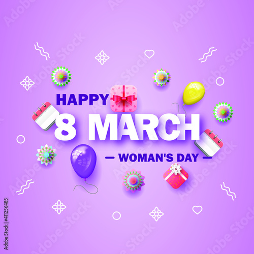 8 March Happy Woman's Day Gifts Flowers Background For Card Vector Design Style © Дмитрий