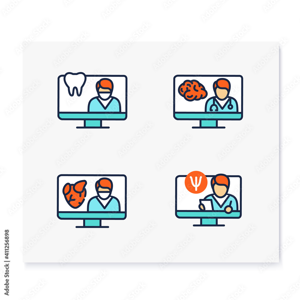 Fototapeta premium Telehealth color icons set. Video meetings doctors with patients. Remote healthy check. Telemedicine, health care concept. Online medical examinations. Isolated vector illustrations