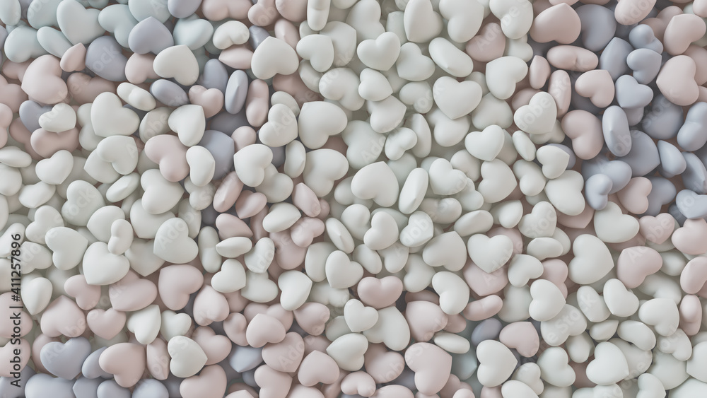 Multicolored Heart background. Valentine Wallpaper with Pink, White and Blue love hearts. 3D Render Multicolored Heart background. Valentine Wallpaper with Pink, White and Blue love hearts. 3D Render