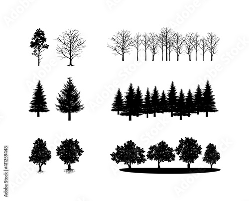 Tree silhouette black vector. Isolated set forest trees on white background.