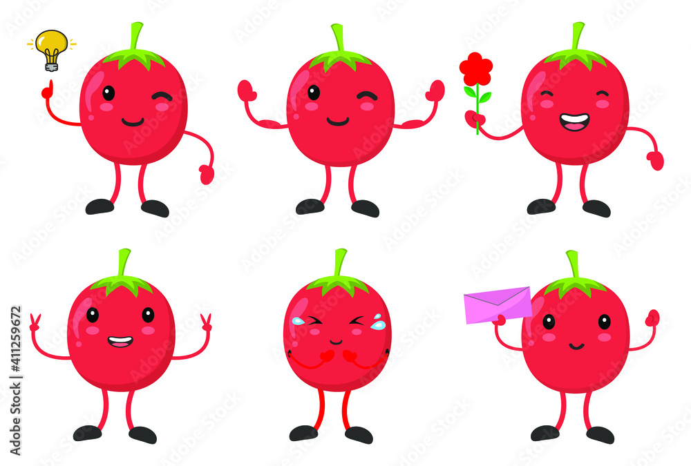 Set cartoon tomatowith various emotions pose Set cartoon tomatowith various emotions pose