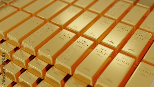 Concept 3D render - gold bars stacked on top of many layers.