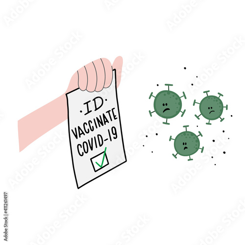 ID, passport about vaccinate, get flu shot for covid-19, coronavirus. Virus see that ID and surprised, unsettle. Concept vector illustration.