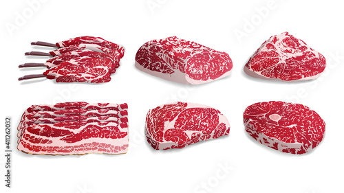 Set of fresh meat in a realistic style. Food 3d vector isolated objects. Gastronomic products