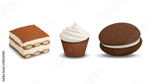 Realistic vector confectionery. Tiramisu cupcake whoopi pie illustration.
